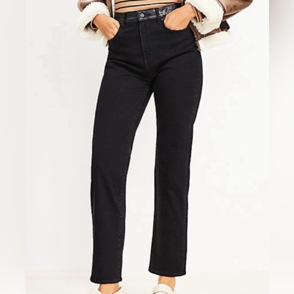 LOFT Women’s The Straight Black Denim Jeans Leather Trim Waist Size 10/30